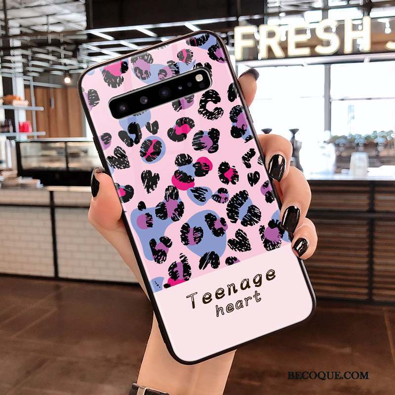 Samsung Galaxy S10 5g Léopard Rose Coque De Téléphone Net Rouge Verre Étui