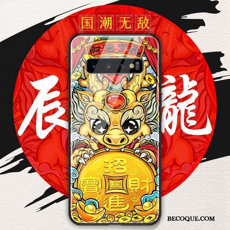 Samsung Galaxy S10 Coque Style Chinois Verre Protection Rouge Étui Créatif