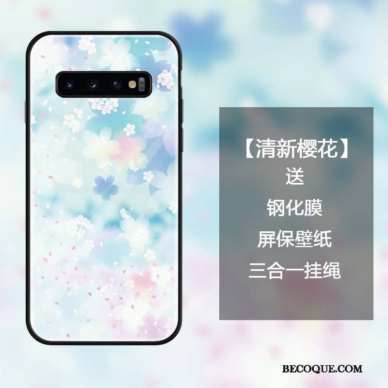 Samsung Galaxy S10 Coque Verre Trempé Frais Art Sakura Créatif Noir