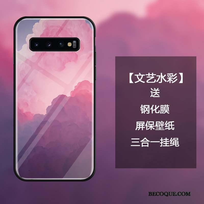 Samsung Galaxy S10 Coque Verre Trempé Frais Art Sakura Créatif Noir