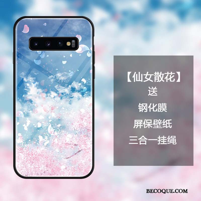 Samsung Galaxy S10 Coque Verre Trempé Frais Art Sakura Créatif Noir