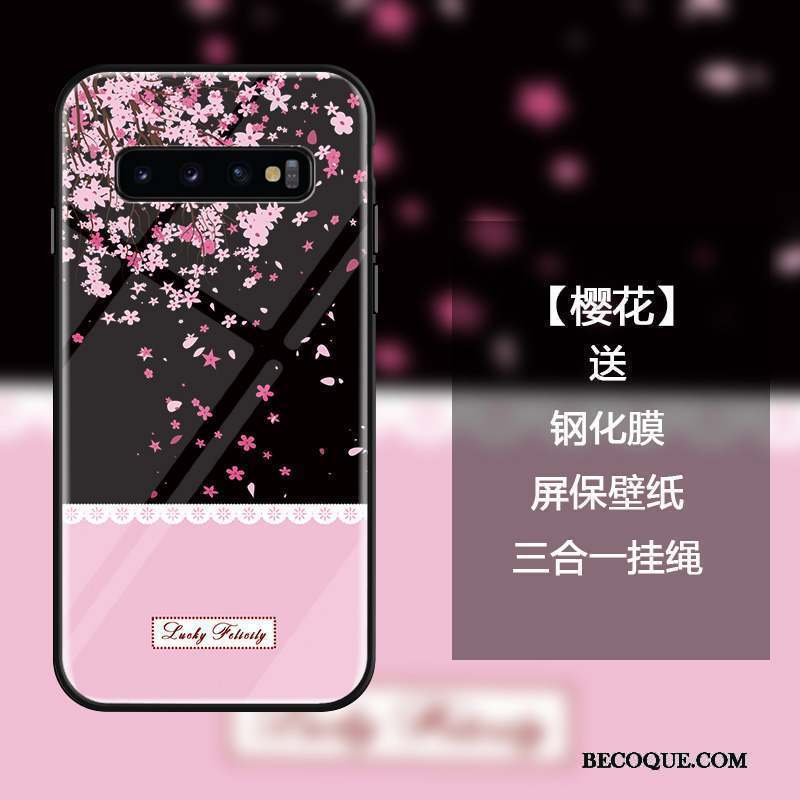 Samsung Galaxy S10 Coque Verre Trempé Frais Art Sakura Créatif Noir