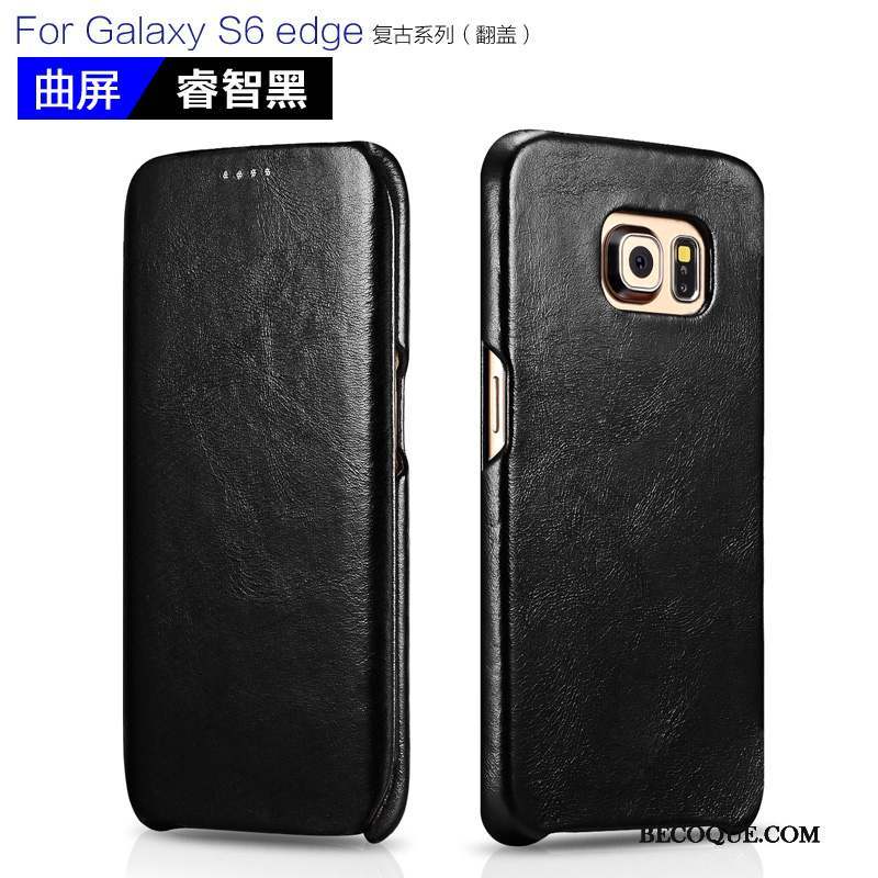 Samsung Galaxy S6 Edge + Coque Téléphone Portable Cuir Véritable Étui Noir