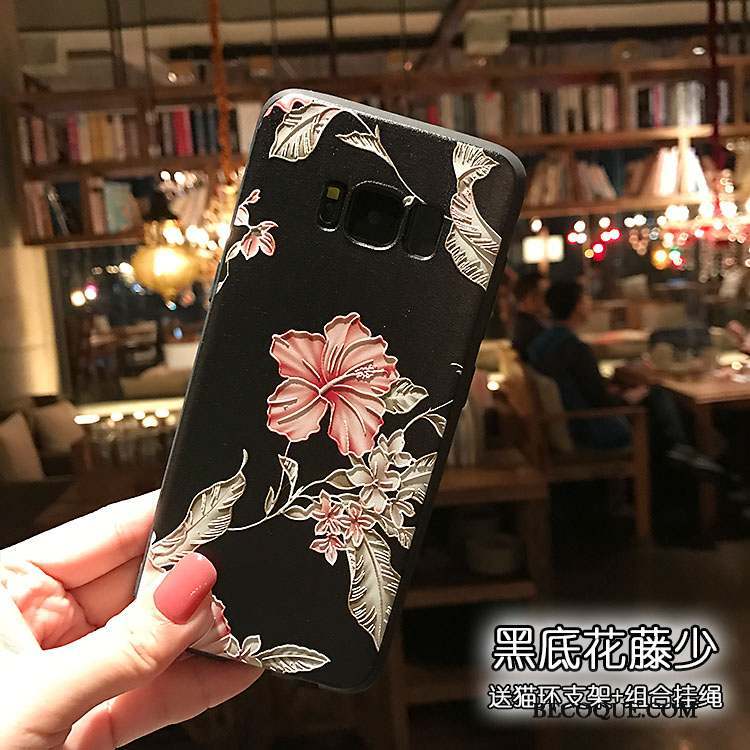 Samsung Galaxy S8+ Coque Floral Noir Délavé En Daim Protection Gaufrage Étui