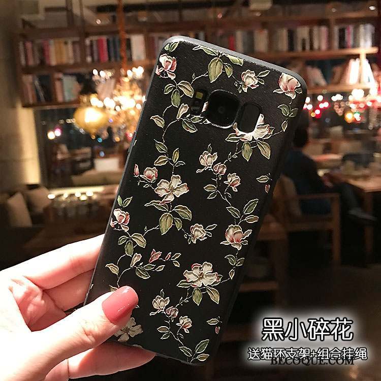 Samsung Galaxy S8+ Coque Floral Noir Délavé En Daim Protection Gaufrage Étui