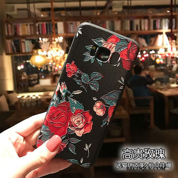 Samsung Galaxy S8+ Coque Floral Noir Délavé En Daim Protection Gaufrage Étui