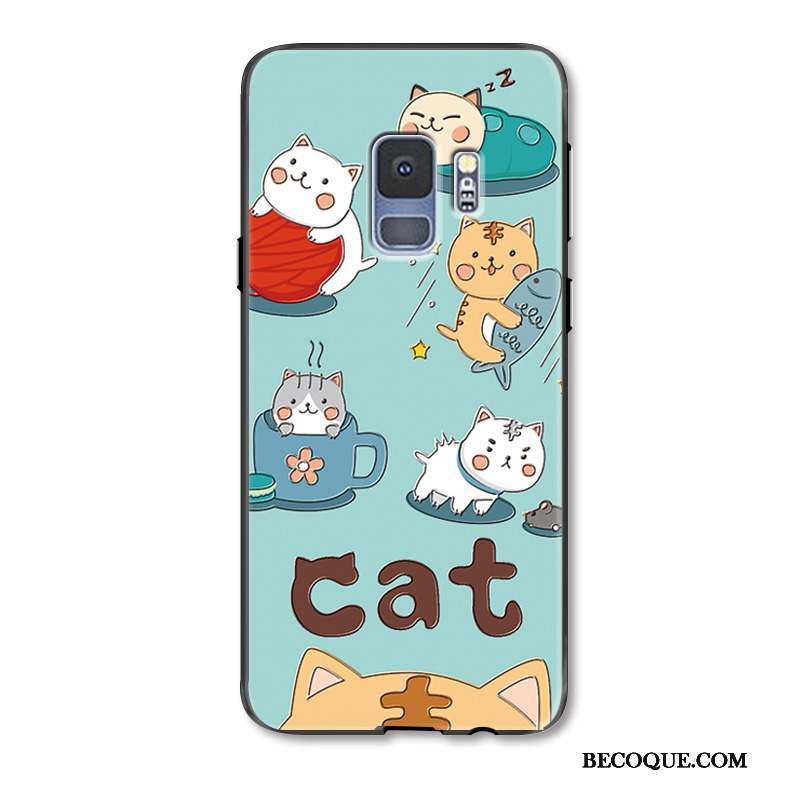 Samsung Galaxy S9+ Coque Bleu Dessin Animé Charmant Chat Incassable Protection