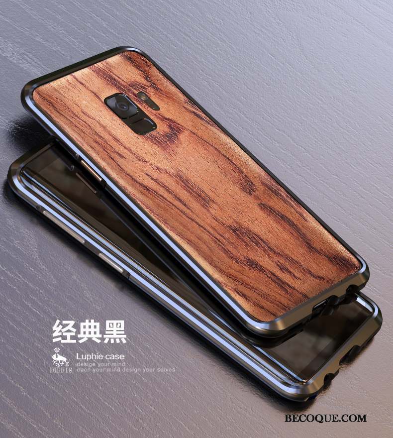 Samsung Galaxy S9 Coque Métal Bois Délavé En Daim Couvercle Arrière Étui Or