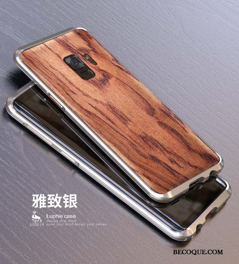 Samsung Galaxy S9 Coque Métal Bois Délavé En Daim Couvercle Arrière Étui Or