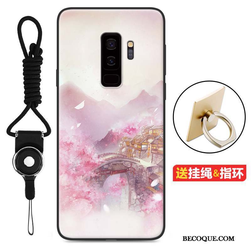 Samsung Galaxy S9+ Délavé En Daim Étui Coque Rose Fluide Doux Incassable