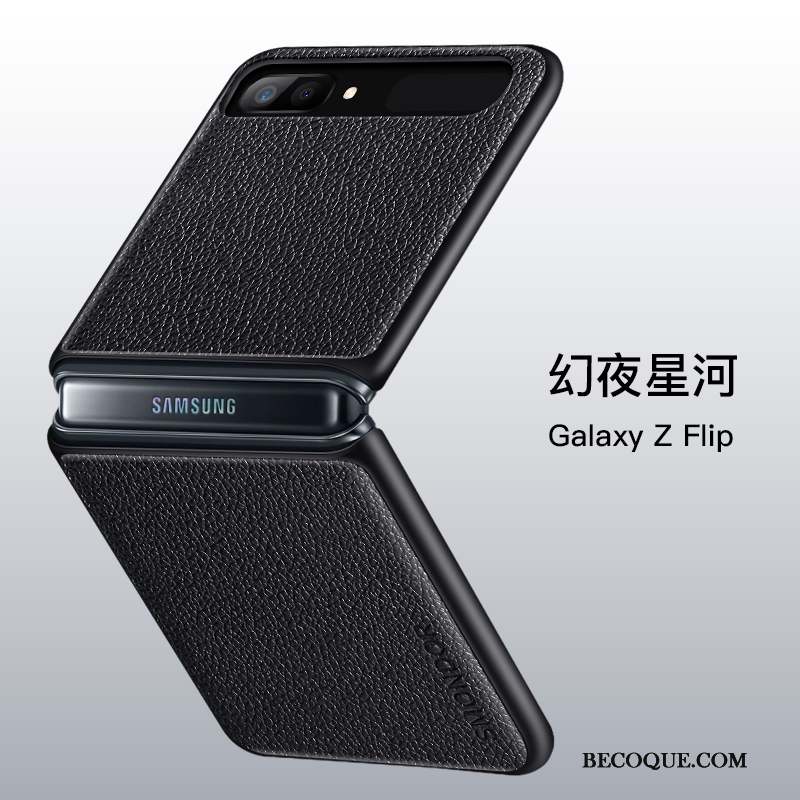 Samsung Z Flip Cuir Véritable Coque De Téléphone Noir Tout Compris Divisé Incassable