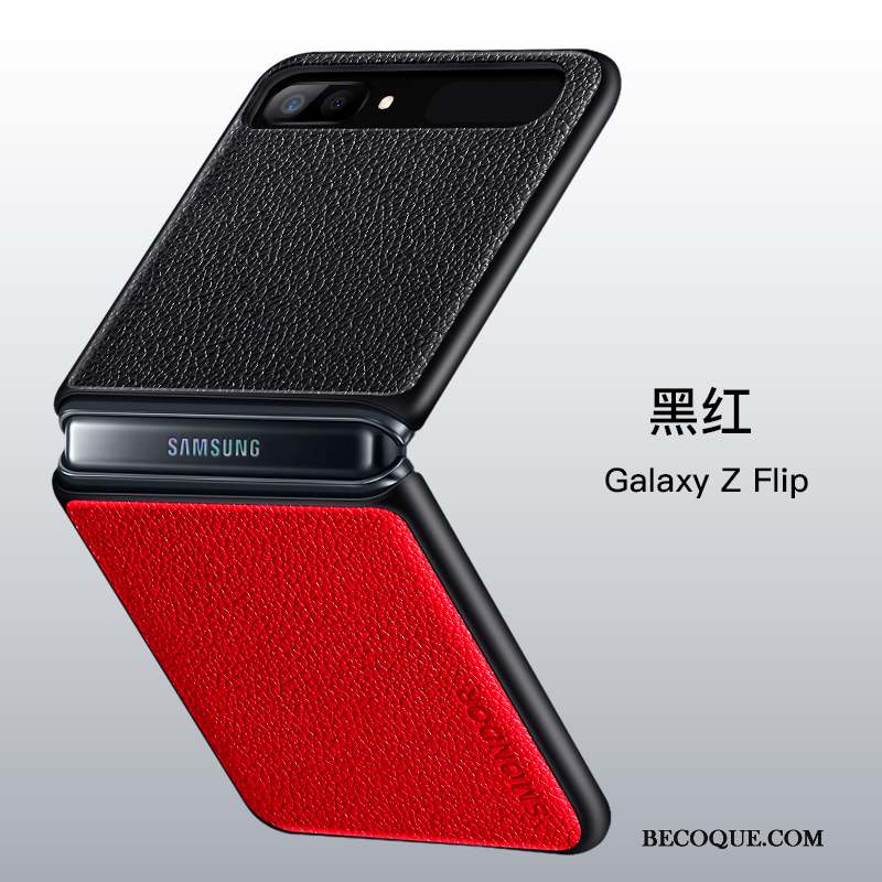 Samsung Z Flip Cuir Véritable Coque De Téléphone Noir Tout Compris Divisé Incassable