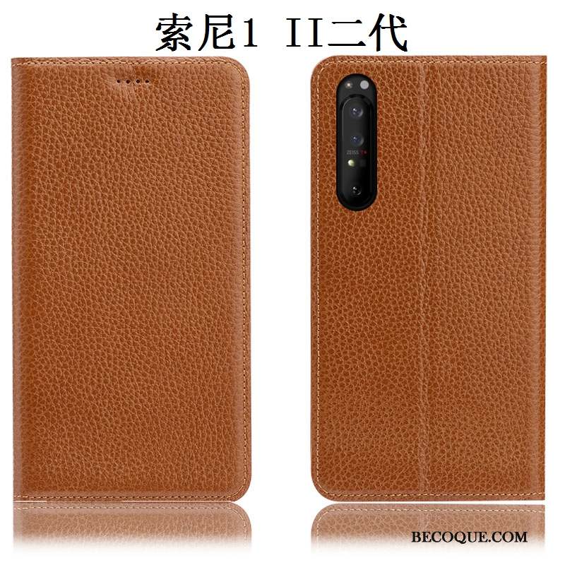 Sony Xperia 1 Ii Coque Rouge Litchi Étui Protection Cuir Véritable Incassable