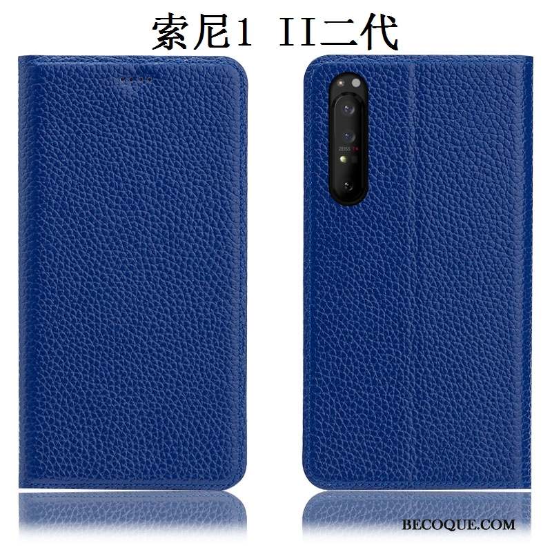 Sony Xperia 1 Ii Coque Rouge Litchi Étui Protection Cuir Véritable Incassable