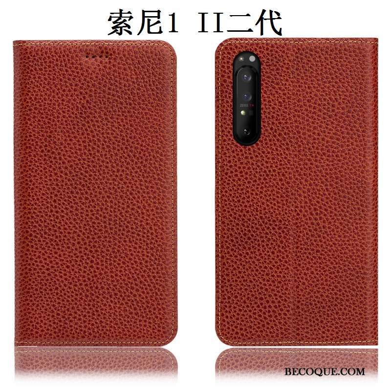 Sony Xperia 1 Ii Coque Rouge Litchi Étui Protection Cuir Véritable Incassable