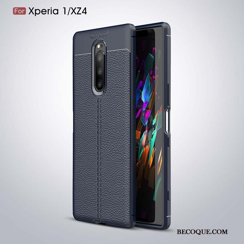 Sony Xperia 1 Litchi Bleu Modèle Fleurie Silicone Étui Coque