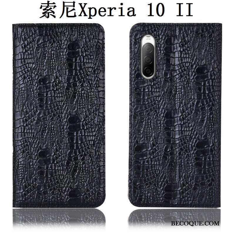 Sony Xperia 10 Ii Coque Noir Crocodile Cuir Véritable Incassable Étui Housse