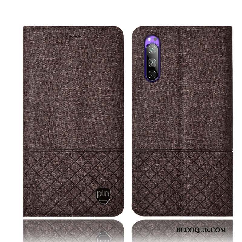 Sony Xperia 5 Étui En Cuir Coque De Téléphone Incassable Lin Plaid Noir