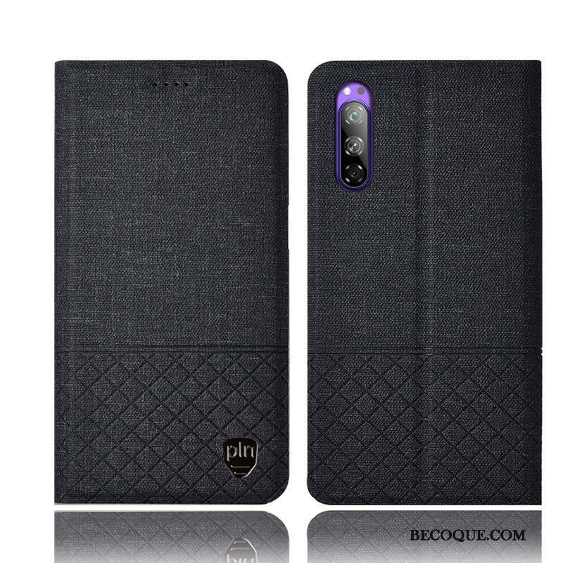 Sony Xperia 5 Étui En Cuir Coque De Téléphone Incassable Lin Plaid Noir