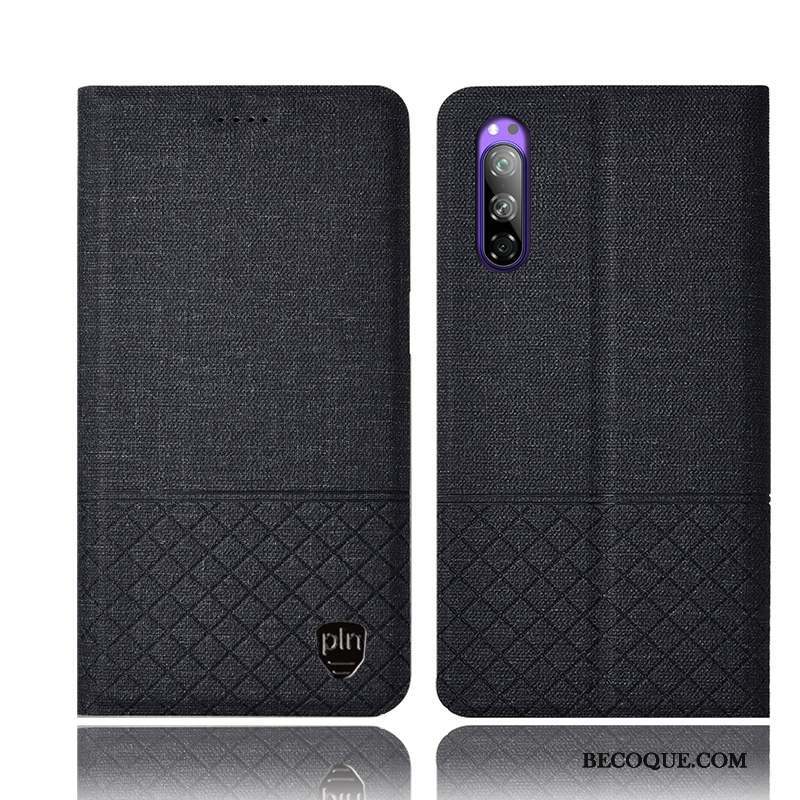 Sony Xperia 5 Étui En Cuir Coque De Téléphone Incassable Lin Plaid Noir