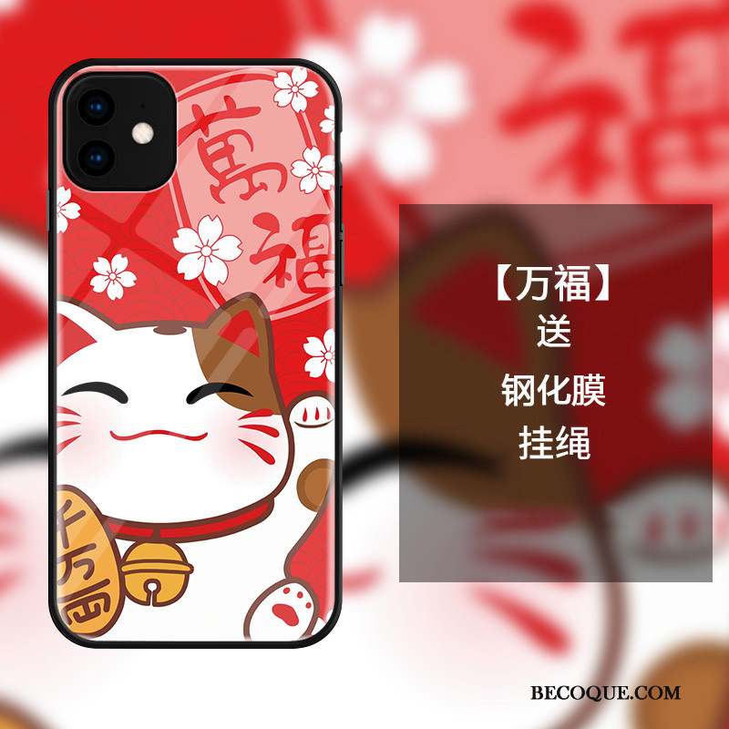 iPhone 11 Coque Chat Incassable Richesse Dessin Animé Verre Rouge