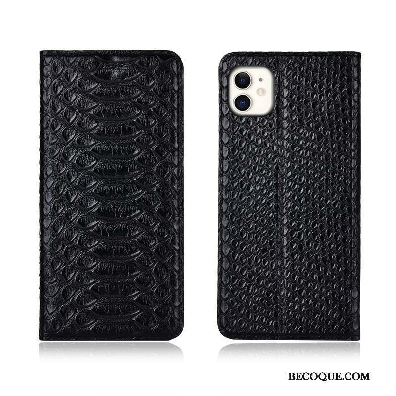 iPhone 11 Coque Étui Créatif Noir Cuir Véritable Modèle Fleurie Clamshell