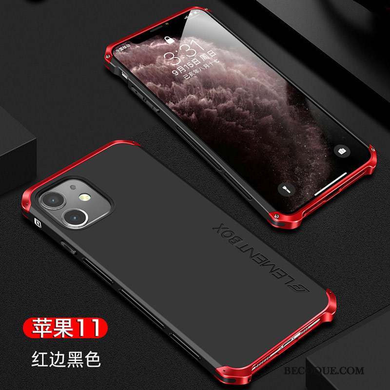 iPhone 11 Métal Incassable Luxe Rouge Délavé En Daim Coque De Téléphone