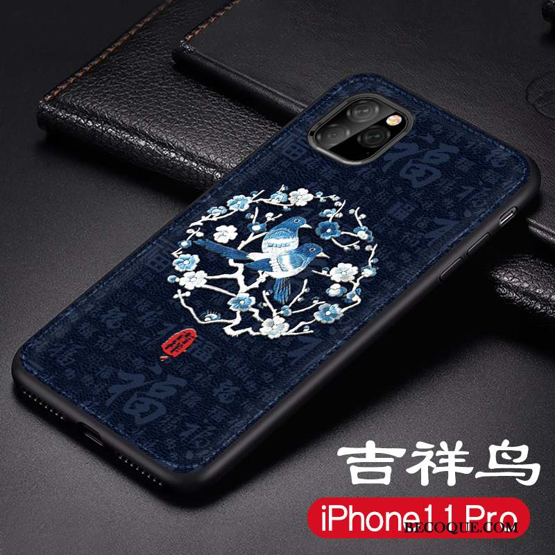 iPhone 11 Pro Coque Délavé En Daim Tendance Incassable Dragon Étui En Cuir Bleu