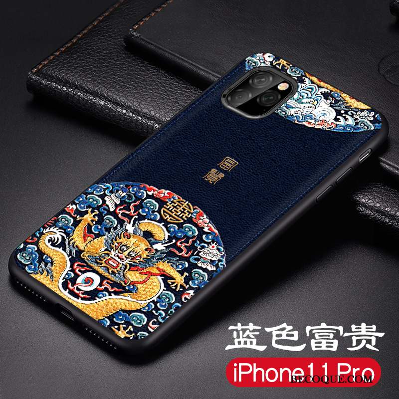 iPhone 11 Pro Coque Délavé En Daim Tendance Incassable Dragon Étui En Cuir Bleu