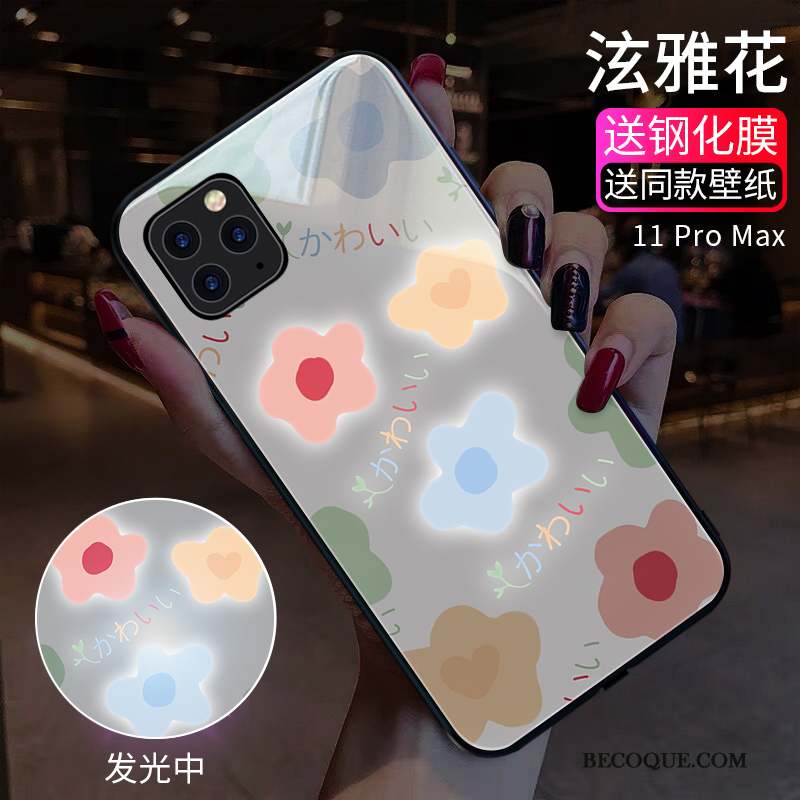 iPhone 11 Pro Max Coque Blanc Net Rouge Vent Nouveau Verre Fleurs