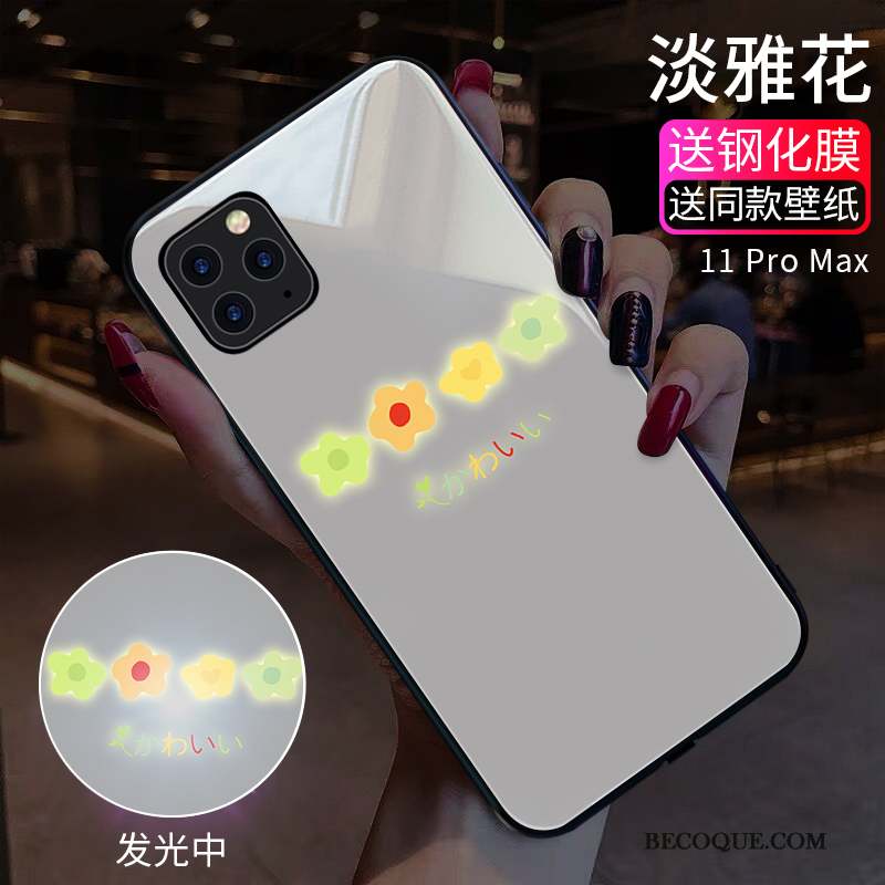 iPhone 11 Pro Max Coque Blanc Net Rouge Vent Nouveau Verre Fleurs