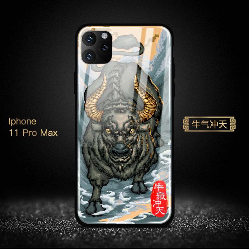 iPhone 11 Pro Max Coque Protection Bleu Verre Miroir Style Chinois Tendance