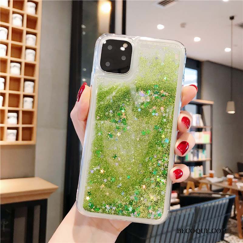 iPhone 11 Pro Max Coque Quicksand Créatif Tout Compris Vert Incassable Transparent