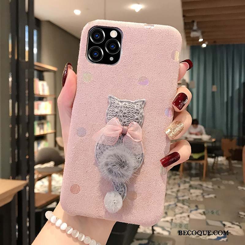 iPhone 11 Pro Max Coque Tout Compris Rose Tissage Dessin Animé Simple Chat