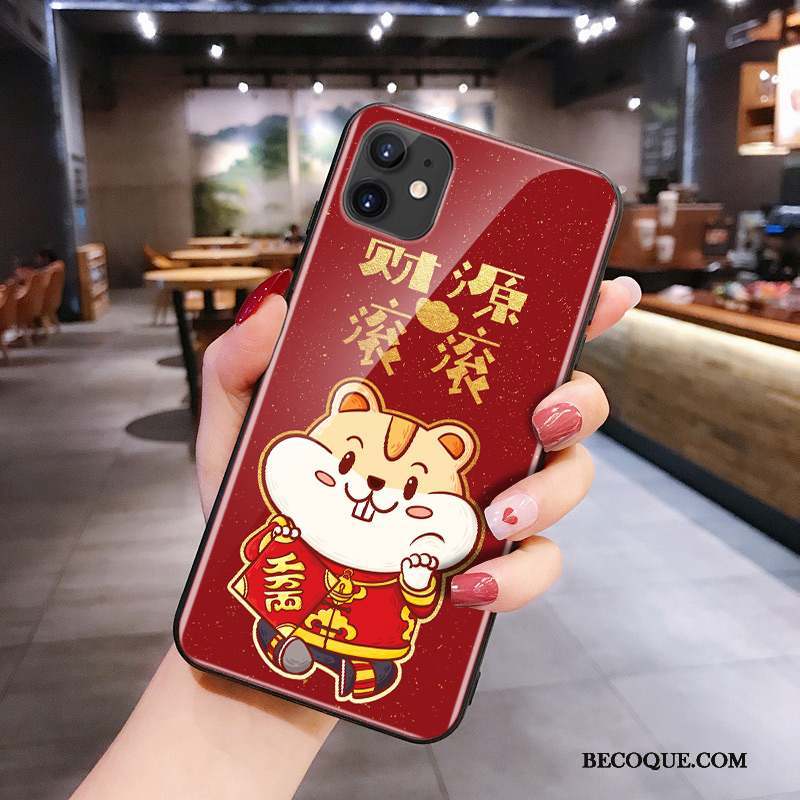 iPhone 11 Silicone Verre Net Rouge Dessin Animé Rat Coque De Téléphone