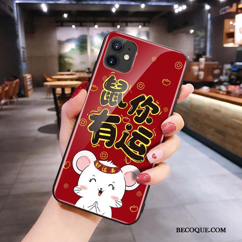 iPhone 11 Silicone Verre Net Rouge Dessin Animé Rat Coque De Téléphone