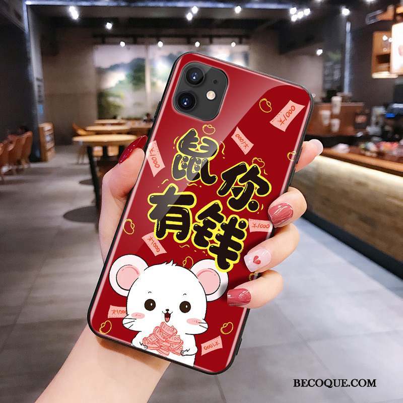 iPhone 11 Silicone Verre Net Rouge Dessin Animé Rat Coque De Téléphone