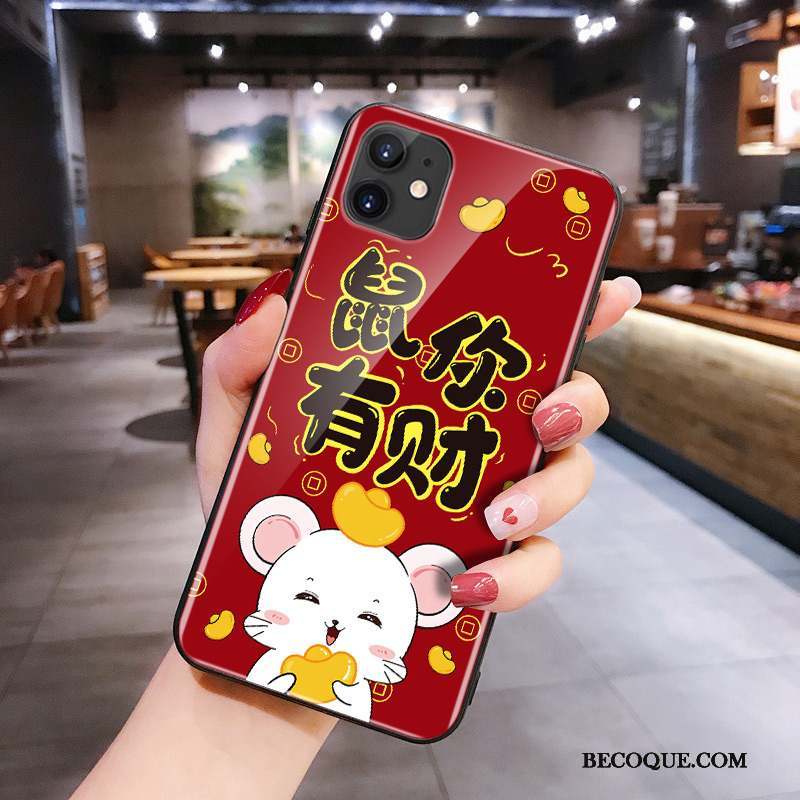 iPhone 11 Silicone Verre Net Rouge Dessin Animé Rat Coque De Téléphone