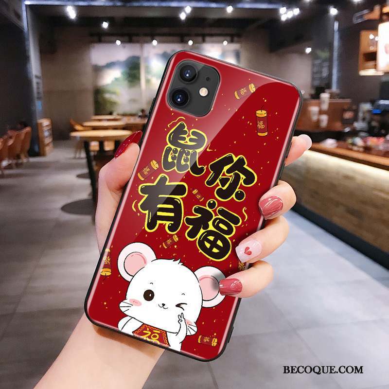 iPhone 11 Silicone Verre Net Rouge Dessin Animé Rat Coque De Téléphone