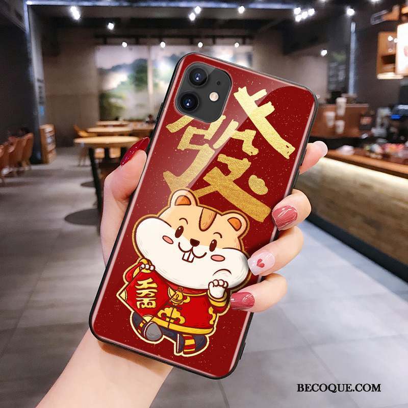 iPhone 11 Silicone Verre Net Rouge Dessin Animé Rat Coque De Téléphone