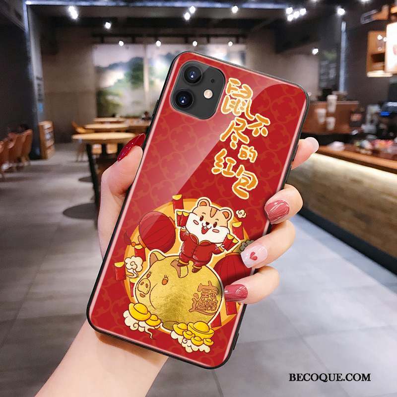 iPhone 11 Silicone Verre Net Rouge Dessin Animé Rat Coque De Téléphone