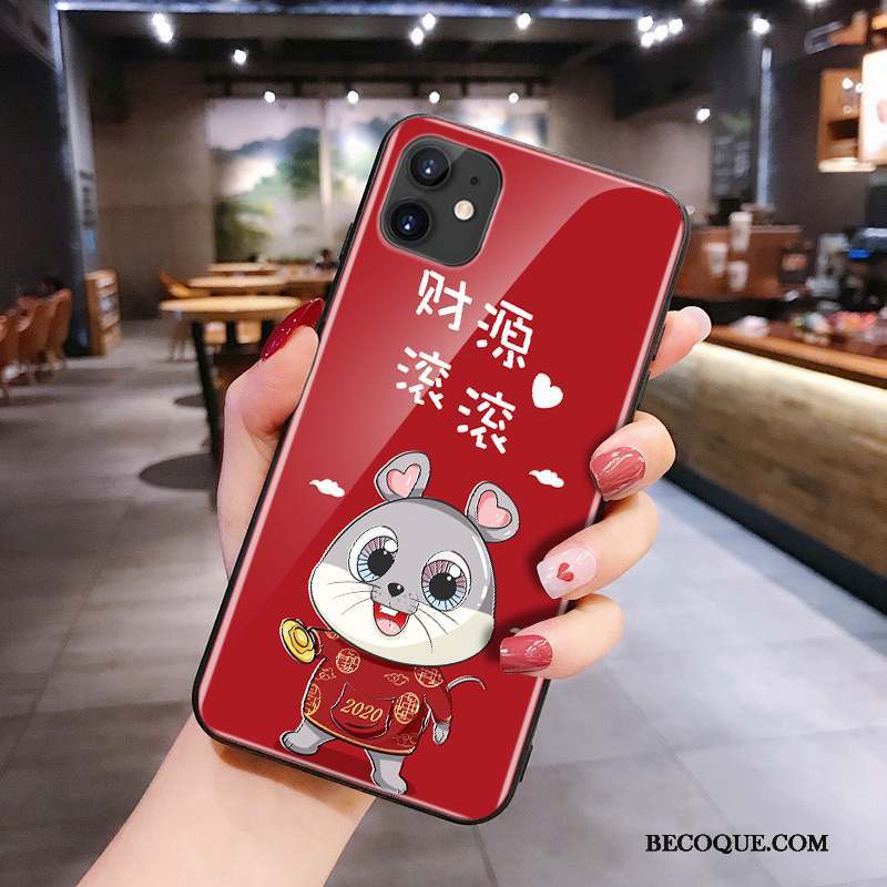 iPhone 11 Silicone Verre Net Rouge Dessin Animé Rat Coque De Téléphone