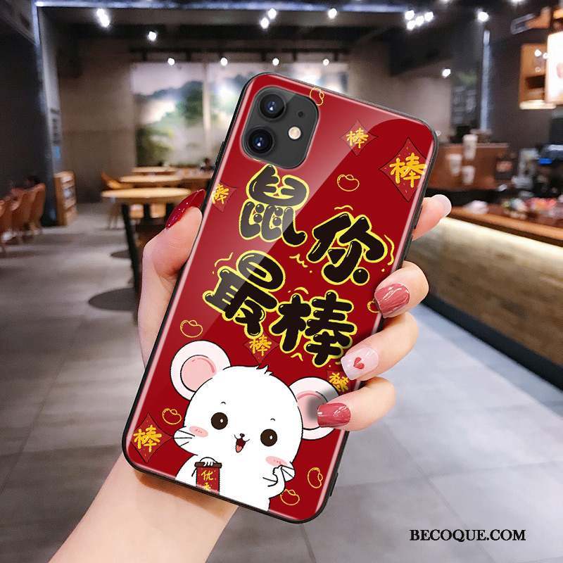 iPhone 11 Silicone Verre Net Rouge Dessin Animé Rat Coque De Téléphone