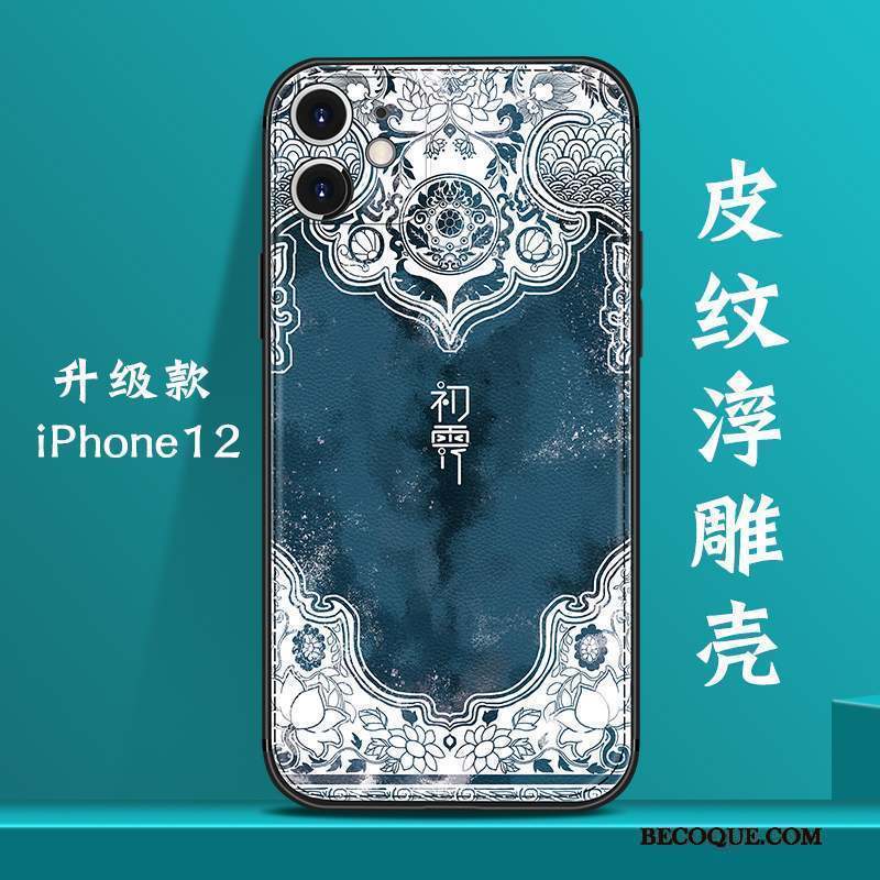 iPhone 12 Coque Bleu Marin Incassable Style Chinois Tout Compris Créatif Cuir