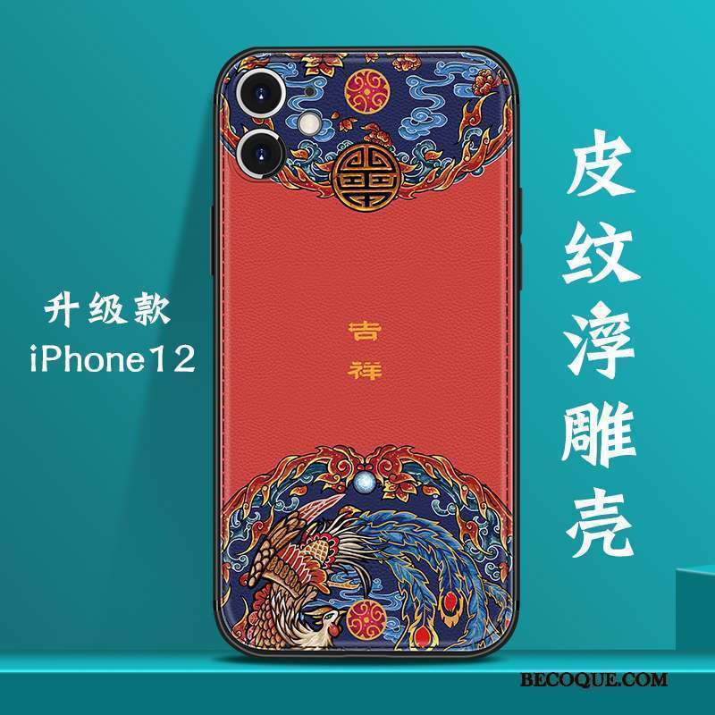 iPhone 12 Coque Bleu Marin Incassable Style Chinois Tout Compris Créatif Cuir