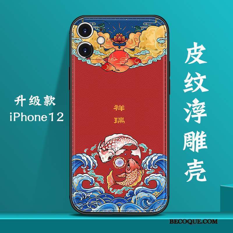 iPhone 12 Coque Bleu Marin Incassable Style Chinois Tout Compris Créatif Cuir