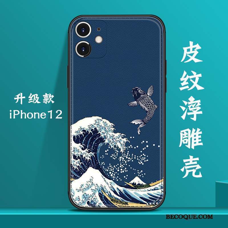 iPhone 12 Coque Bleu Marin Incassable Style Chinois Tout Compris Créatif Cuir