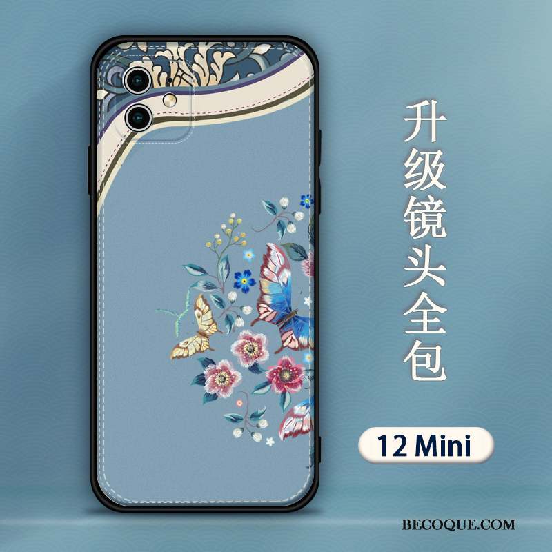 iPhone 12 Mini Coque Tout Compris Cuir Modèle Fleurie Silicone Violet Style Chinois