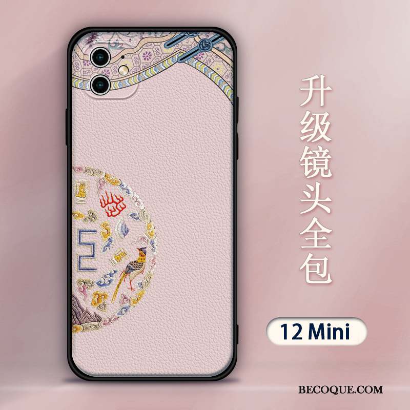 iPhone 12 Mini Coque Tout Compris Cuir Modèle Fleurie Silicone Violet Style Chinois