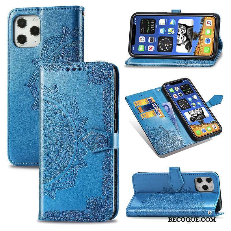 iPhone 12 Pro Max Ornements Suspendus Couleur Unie Similicuir Bleu Coque De Téléphone Étui En Cuir